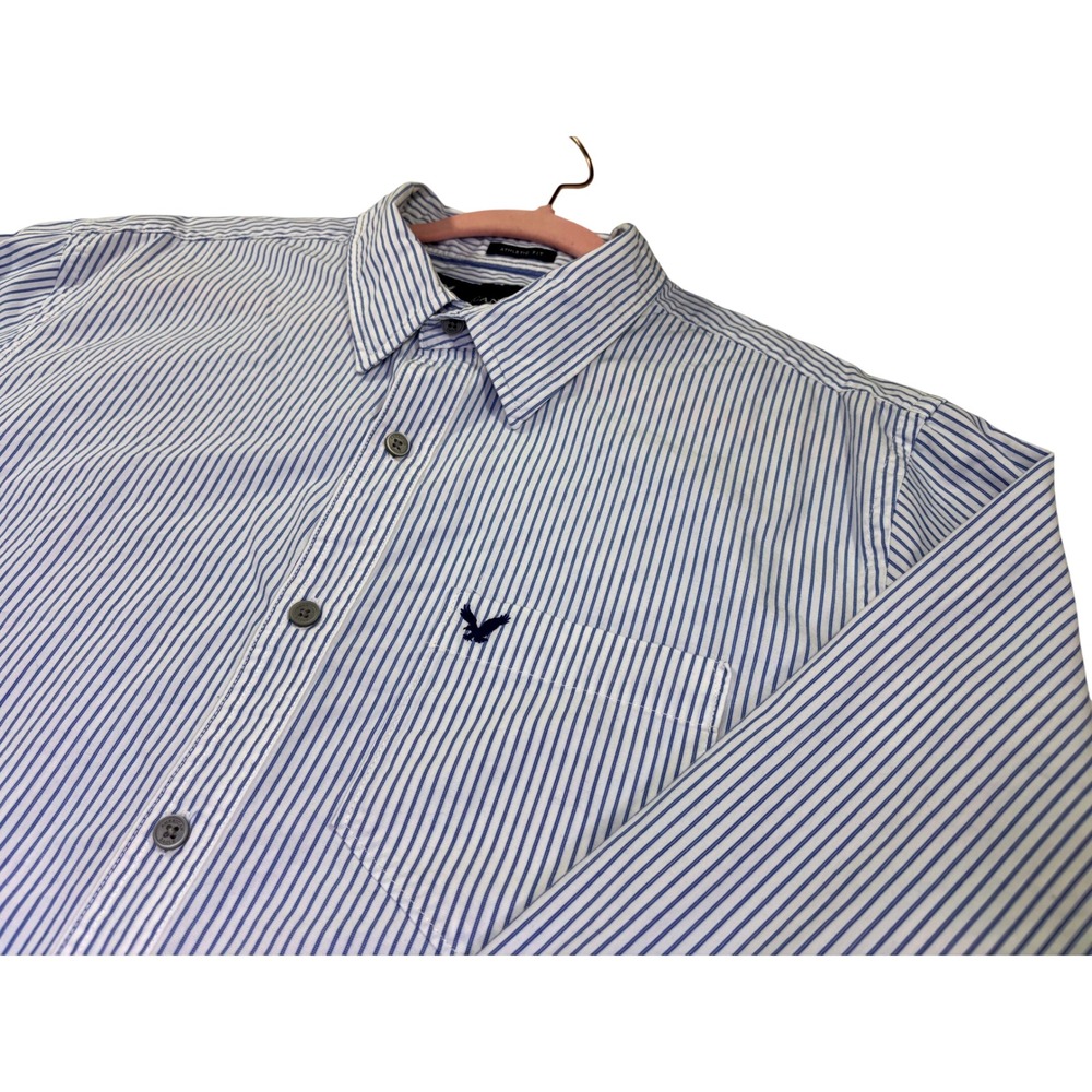 American Eagle Mens XL Athletic Fit Striped Long Sleeve Button Down Shirt Blue